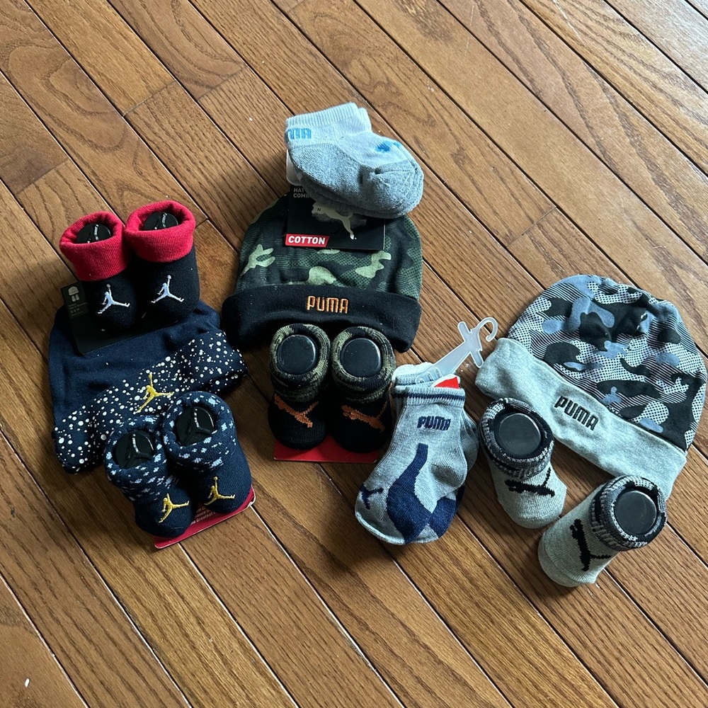 Puma and Jordan Kids Camo and Gray Sock and Beanie Set